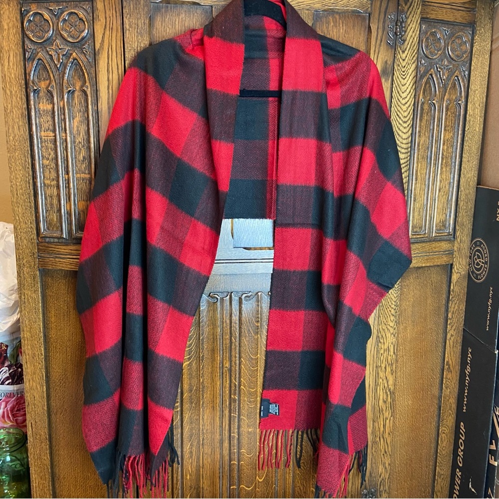 Red and Black Plaid Wide Scarf With Fringe by Fraas